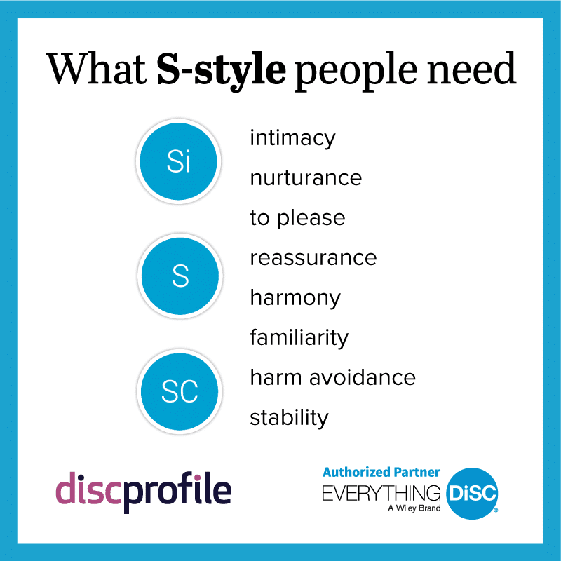S-style people need intimacy, nurturance, to please, reassurance, harmony, familiarity, harm avoidance, and stability