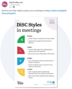 LinkedIn post sharing DiSC styles in meetings