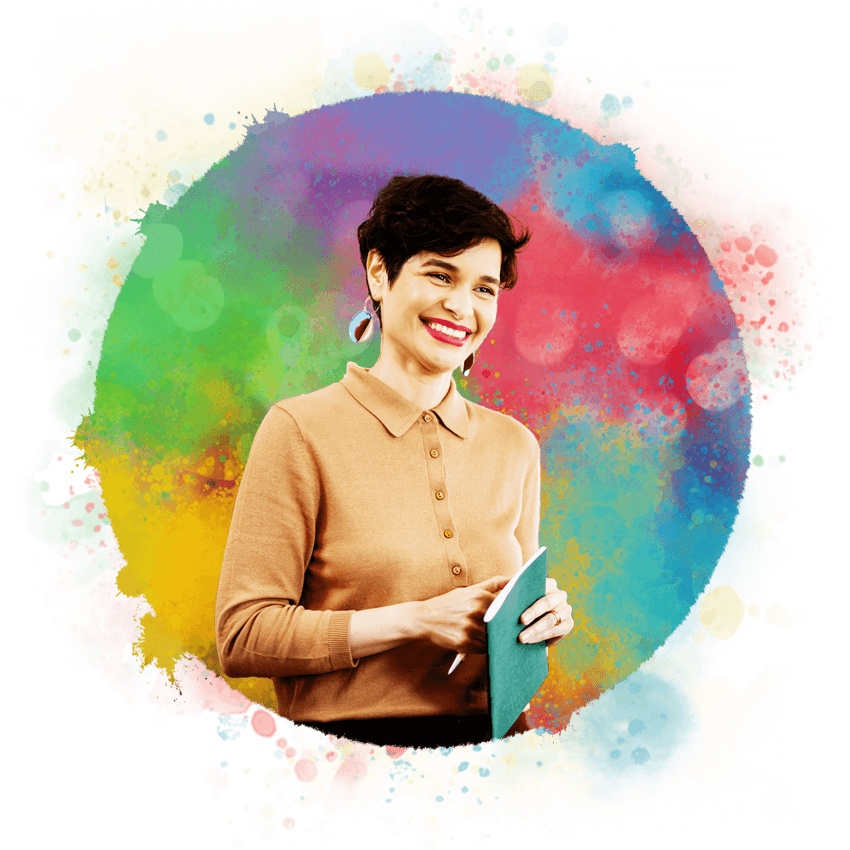 Confident-looking person at work, colorful background