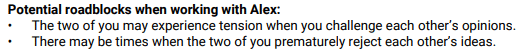 Comparison report excerpt: "Potential roadblocks when working with Alex: The two of you could prematurely reject each other’s ideas."