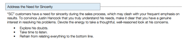 Excerpt from Everything DiSC Sales profile about working with a specific customer.